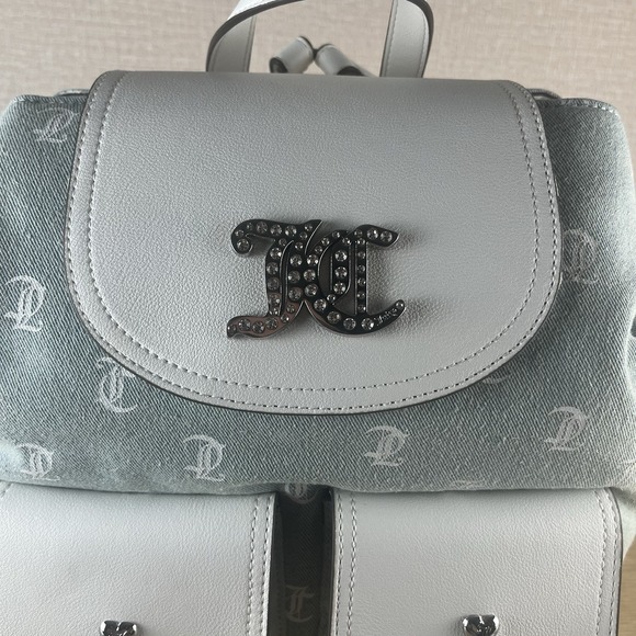 Juicy Couture Denim Monogram Backpack Rhinestone Logo White Trim NWT main image 16